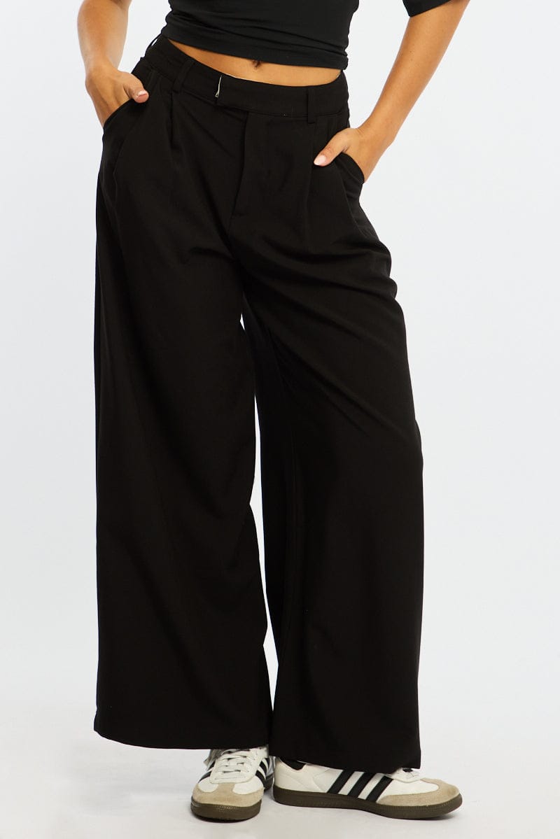 Black Wide Leg Pants Mid Rise Tailoring for Ally Fashion