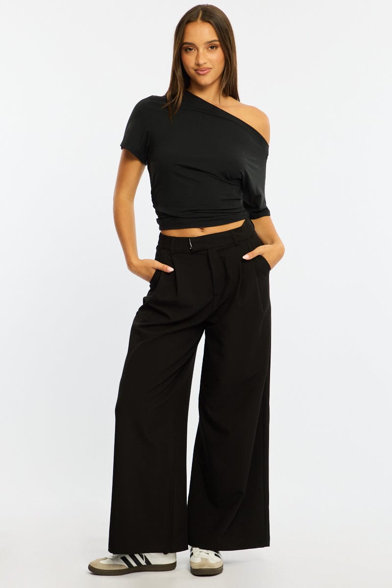 Black Wide Leg Pants Mid Rise Tailoring for Ally Fashion