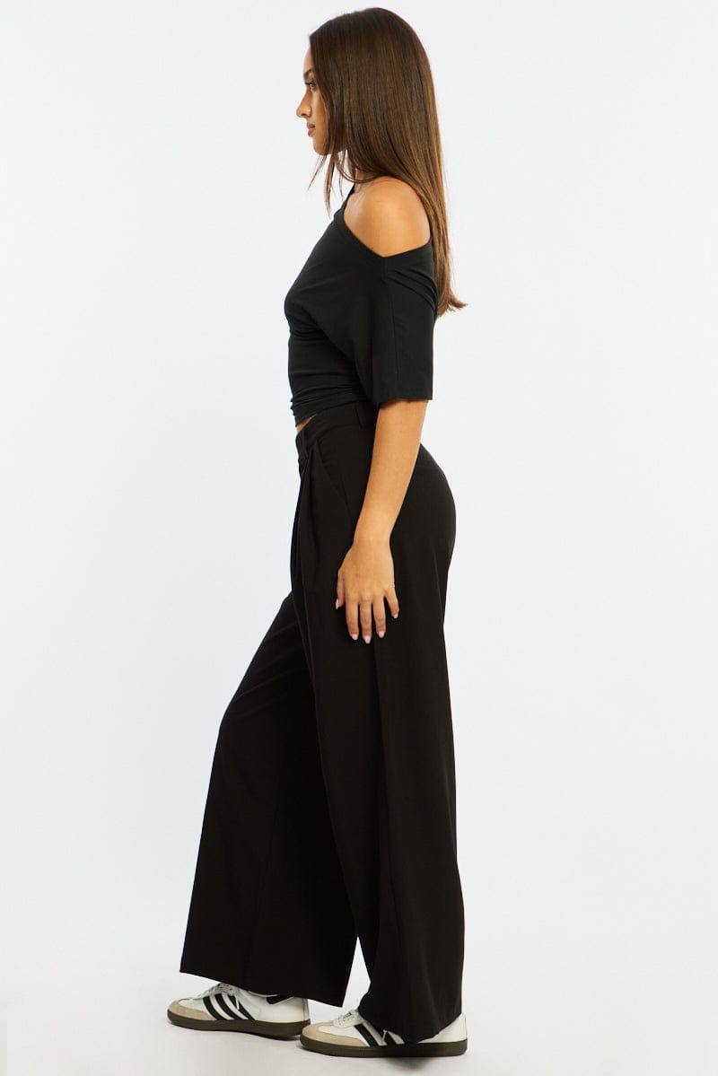 Black Wide Leg Pants Mid Rise Tailoring for Ally Fashion