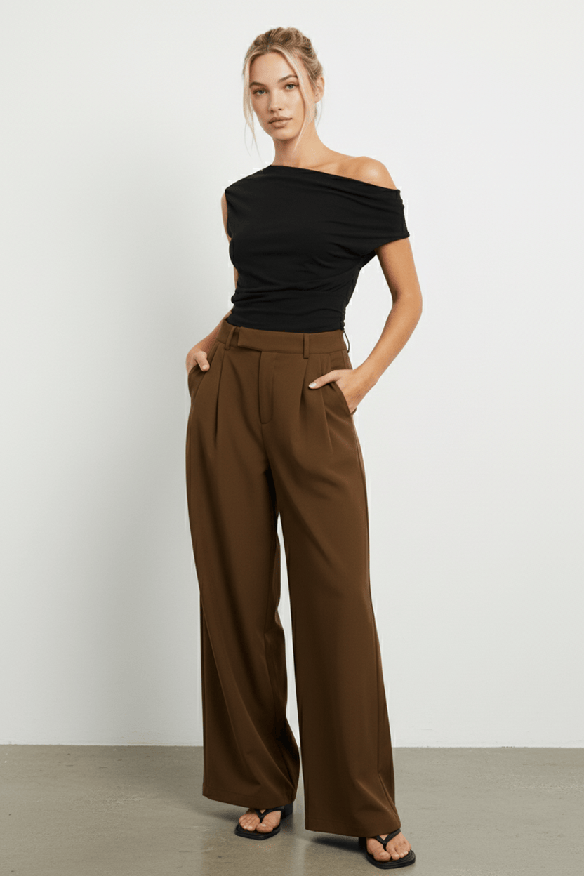 Brown Wide Leg Pants Mid Rise Tailoring for Ally Fashion