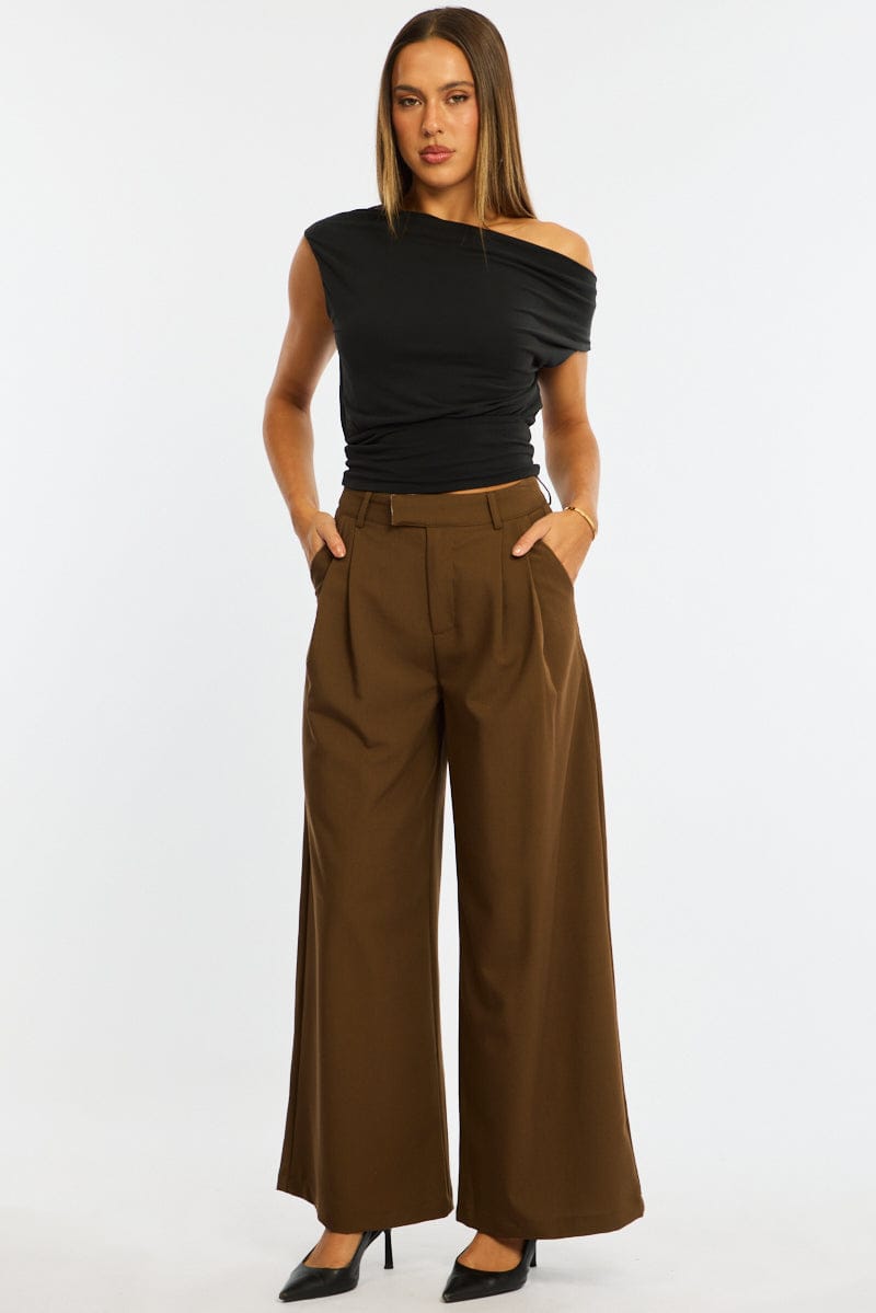 Brown Wide Leg Pants Mid Rise Tailoring for Ally Fashion
