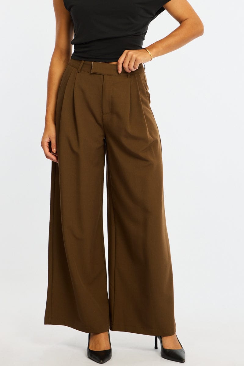 Brown Wide Leg Pants Mid Rise Tailoring for Ally Fashion