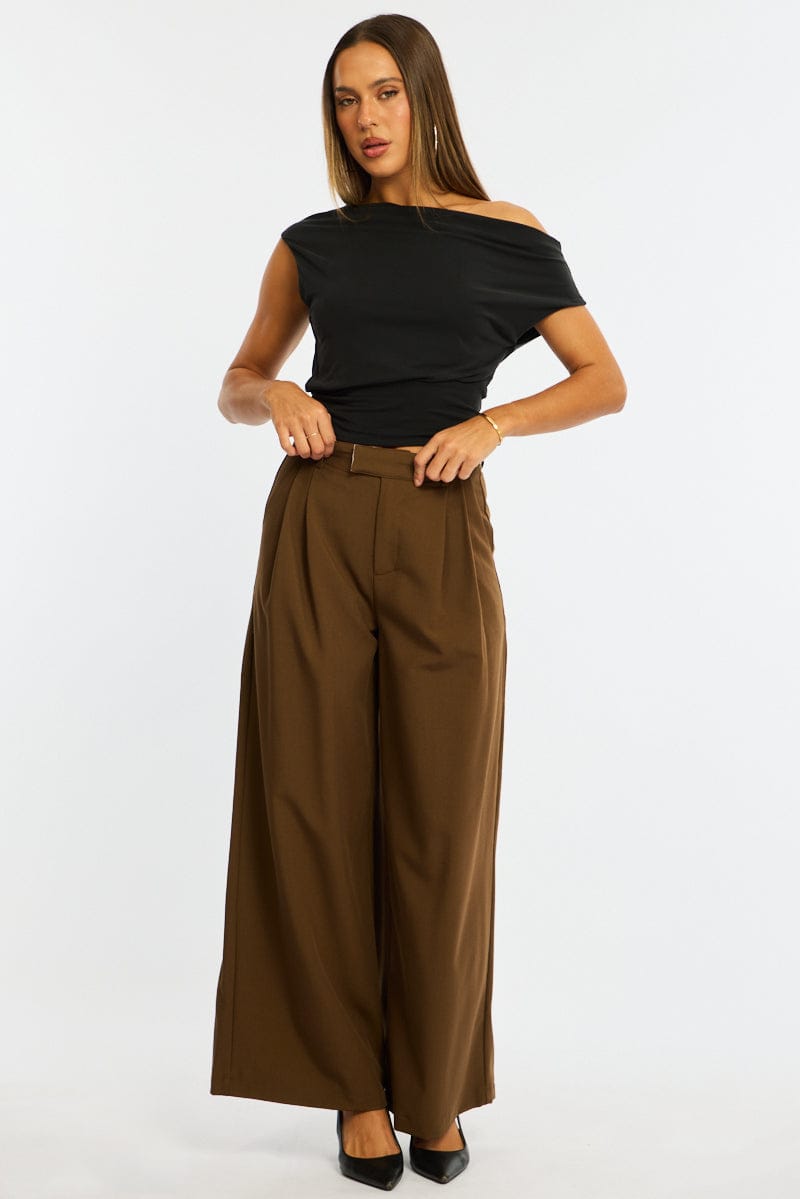 Brown Wide Leg Pants Mid Rise Tailoring for Ally Fashion