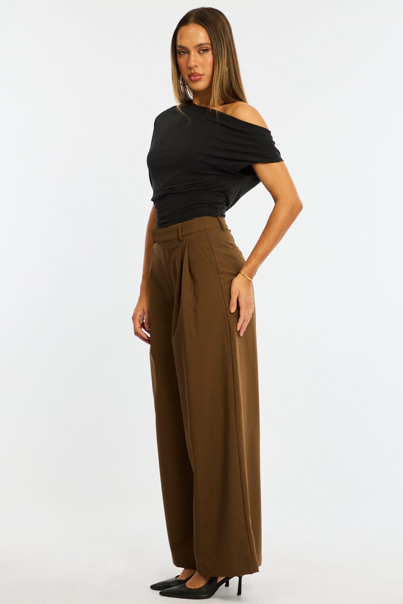Brown Wide Leg Pants Mid Rise Tailoring for Ally Fashion