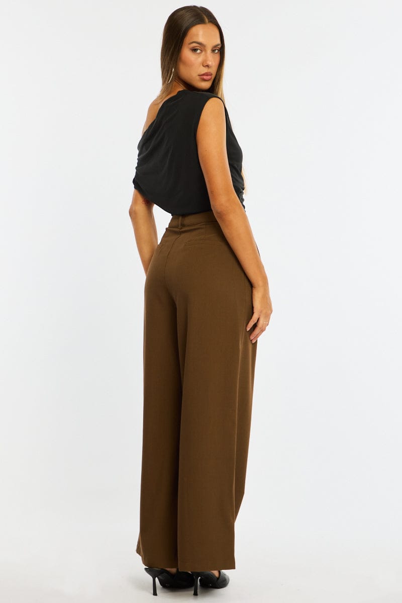 Brown Wide Leg Pants Mid Rise Tailoring for Ally Fashion