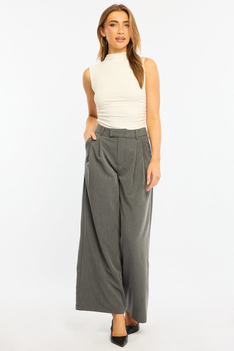 Grey Wide Leg Pants Mid Rise Tailoring for Ally Fashion