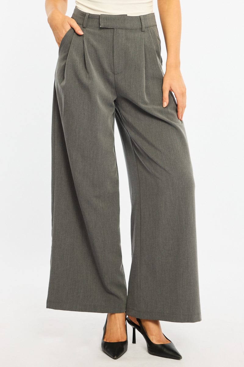 Grey Wide Leg Pants Mid Rise Tailoring for Ally Fashion