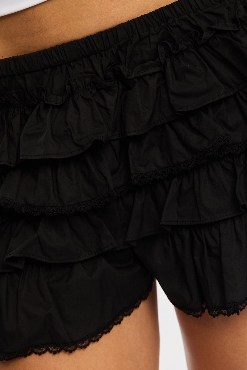 Black Skort Ruffle Elasticated Waist Lace Trim for Ally Fashion