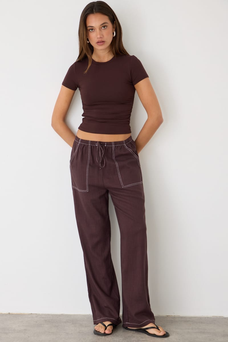Brown Wide Leg Pants Contrast Stitch for Ally Fashion