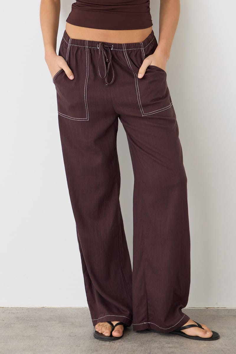 Brown Wide Leg Pants Contrast Stitch for Ally Fashion