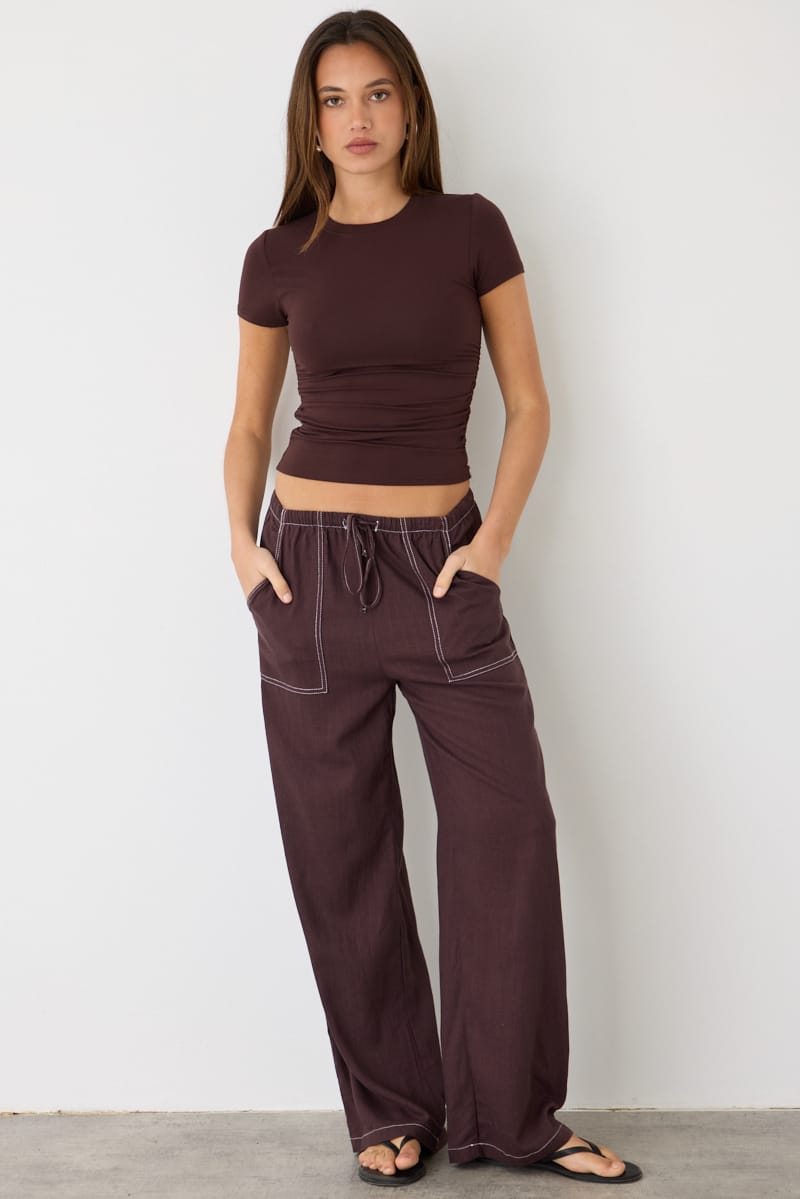 Brown Wide Leg Pants Contrast Stitch for Ally Fashion
