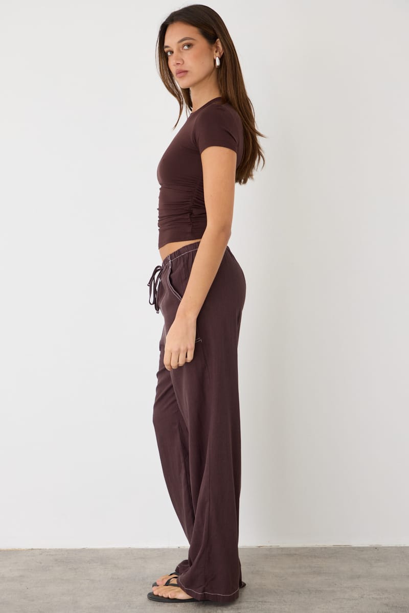 Brown Wide Leg Pants Contrast Stitch for Ally Fashion