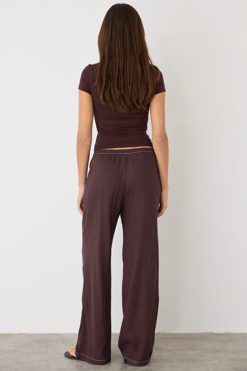 Brown Wide Leg Pants Contrast Stitch for Ally Fashion