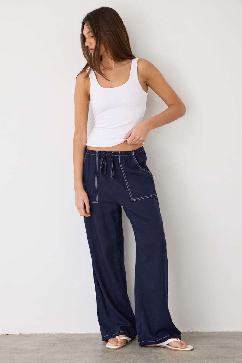 Blue Wide Leg Pants Contrast Stitch for Ally Fashion