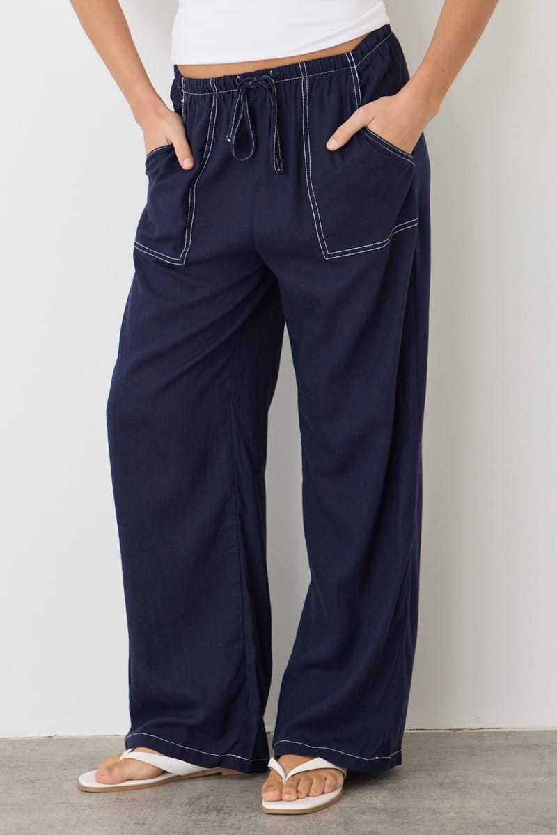 Blue Wide Leg Pants Contrast Stitch for Ally Fashion