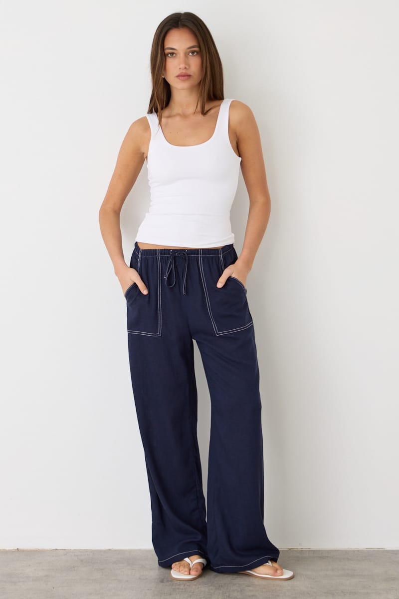 Blue Wide Leg Pants Contrast Stitch for Ally Fashion