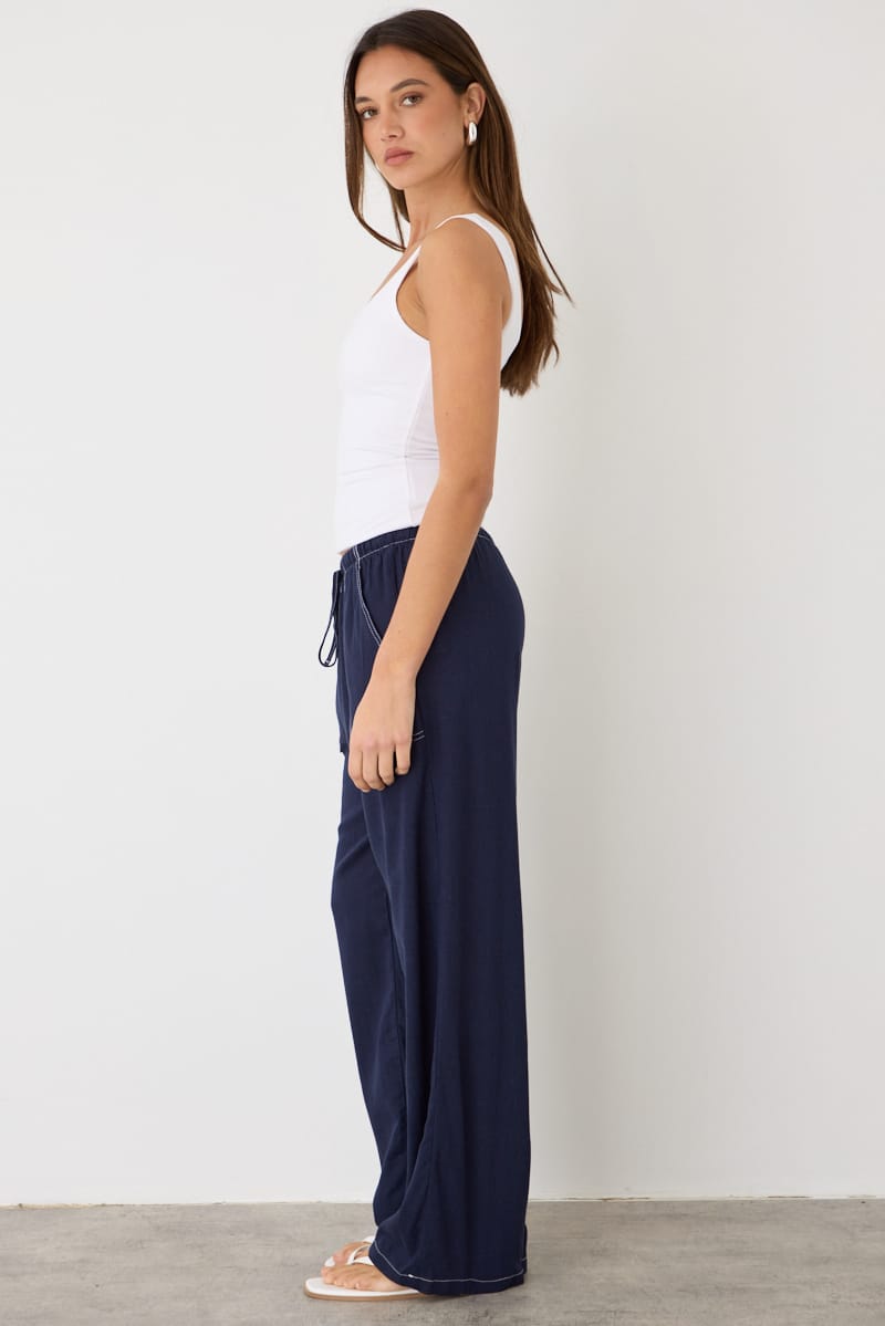 Blue Wide Leg Pants Contrast Stitch for Ally Fashion