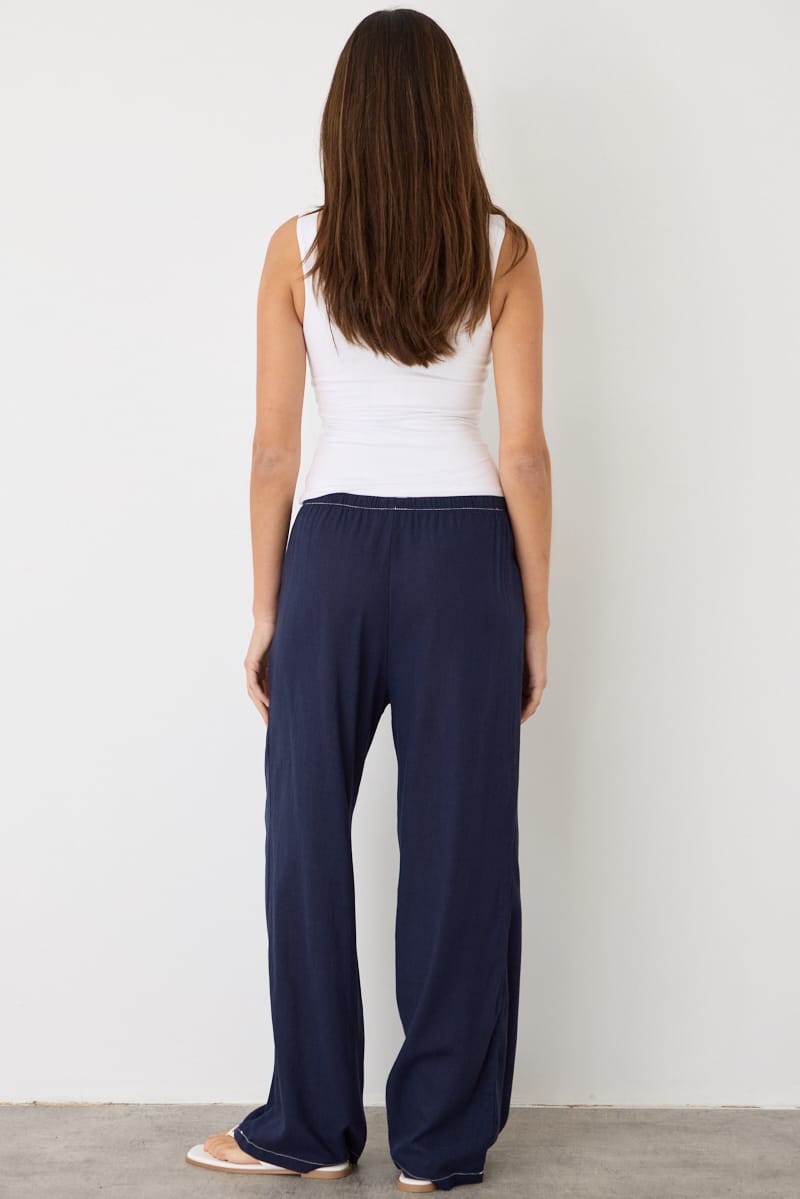 Blue Wide Leg Pants Contrast Stitch for Ally Fashion