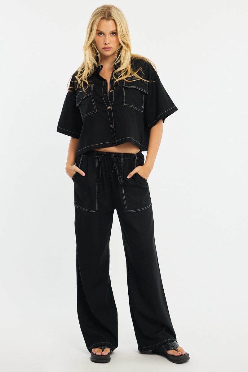 Black Wide Leg Pants Contrast Stitch for Ally Fashion