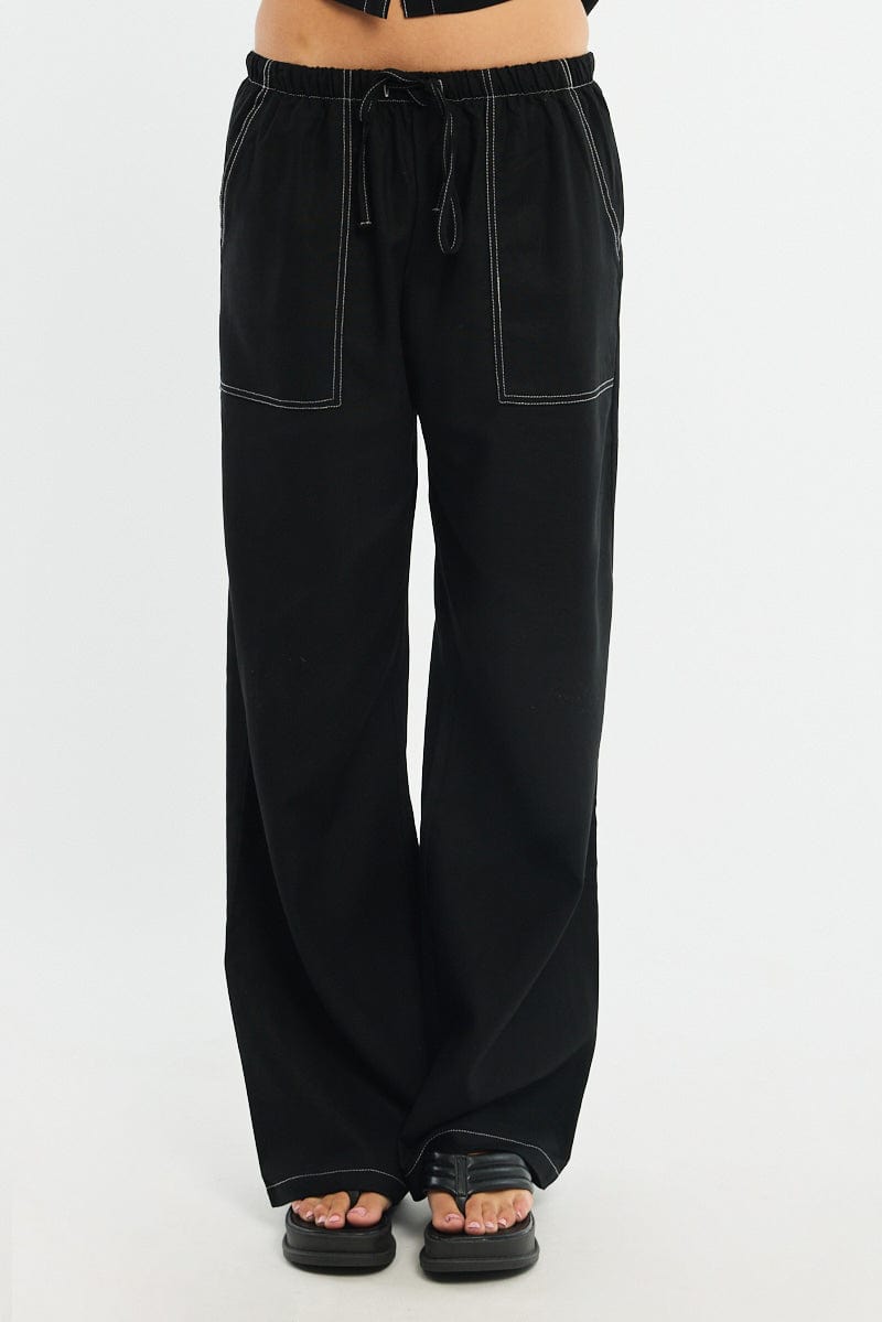 Black Wide Leg Pants Contrast Stitch for Ally Fashion
