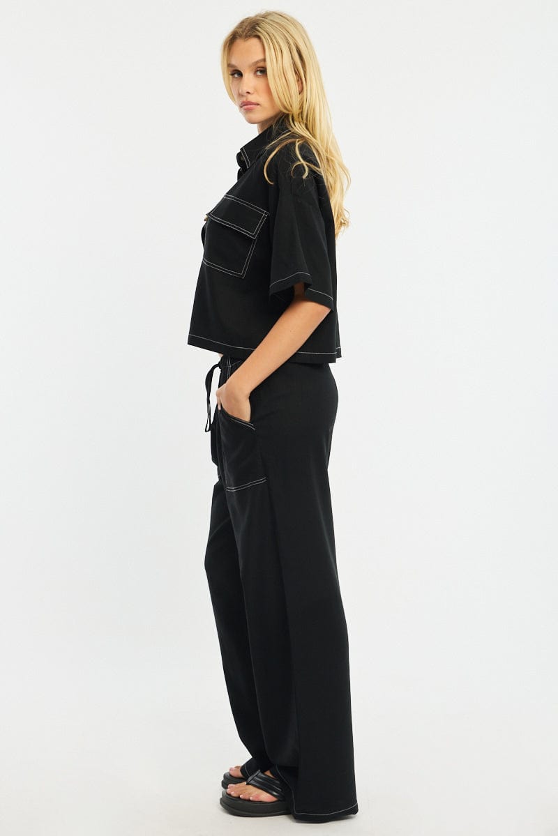 Black Wide Leg Pants Contrast Stitch for Ally Fashion