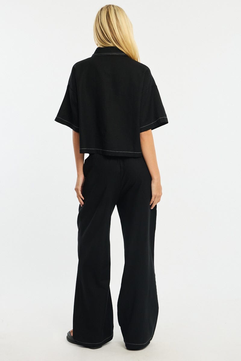 Black Wide Leg Pants Contrast Stitch for Ally Fashion