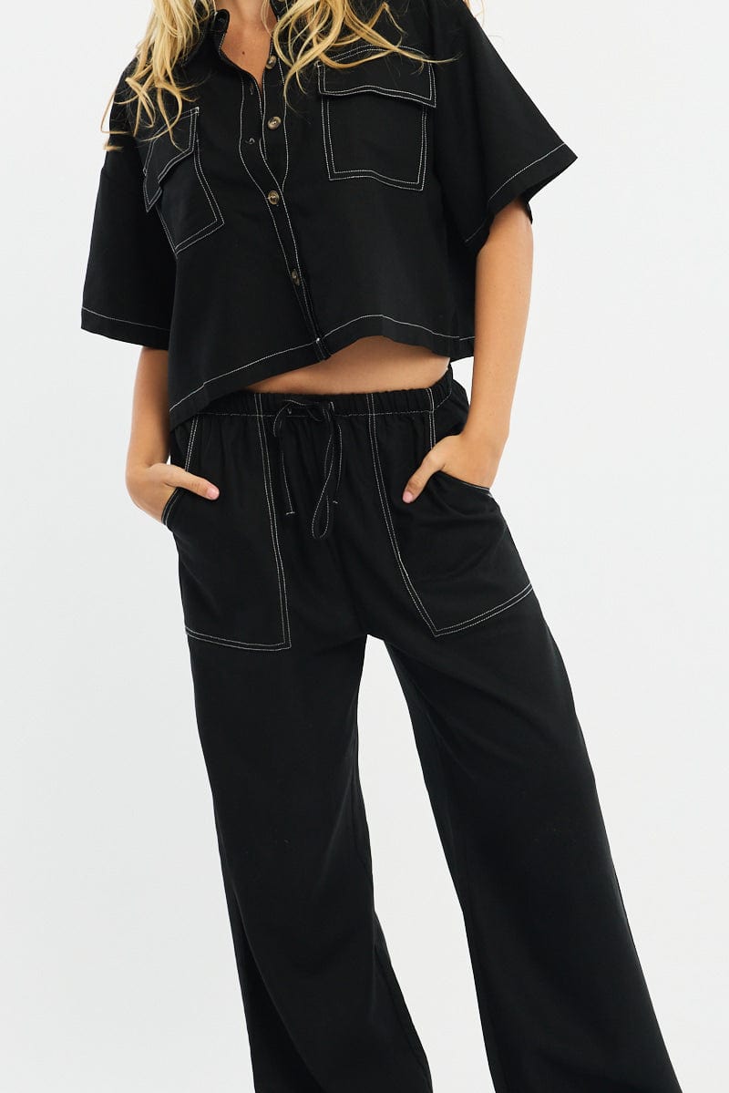 Black Wide Leg Pants Contrast Stitch for Ally Fashion