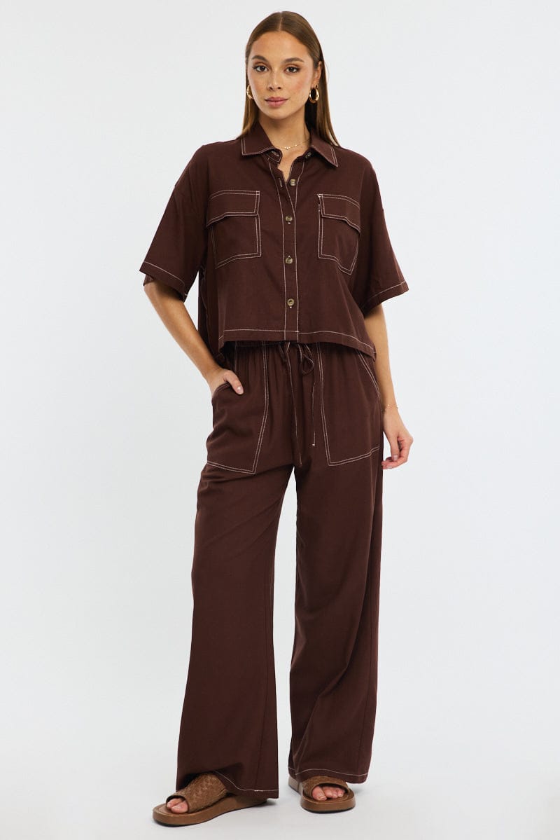 Brown Wide Leg Pants Contrast Stitch for Ally Fashion