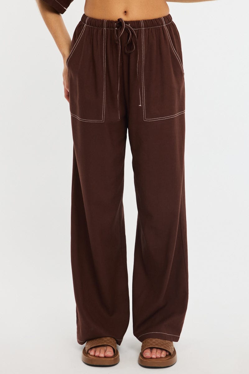 Brown Wide Leg Pants Contrast Stitch for Ally Fashion