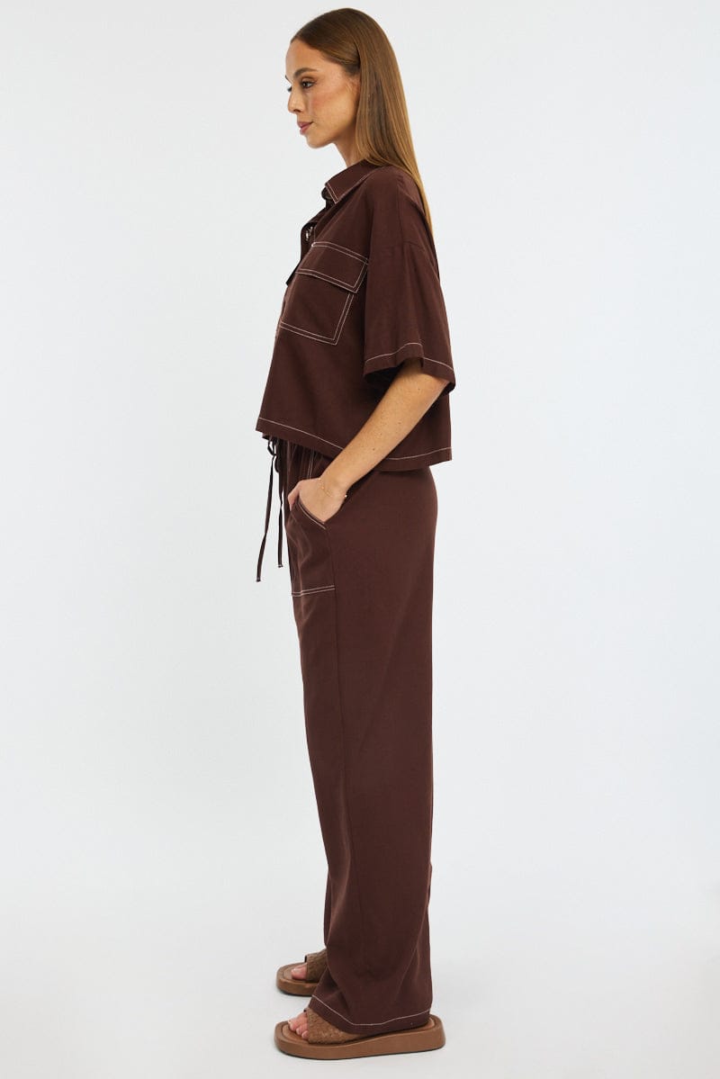 Brown Wide Leg Pants Contrast Stitch for Ally Fashion