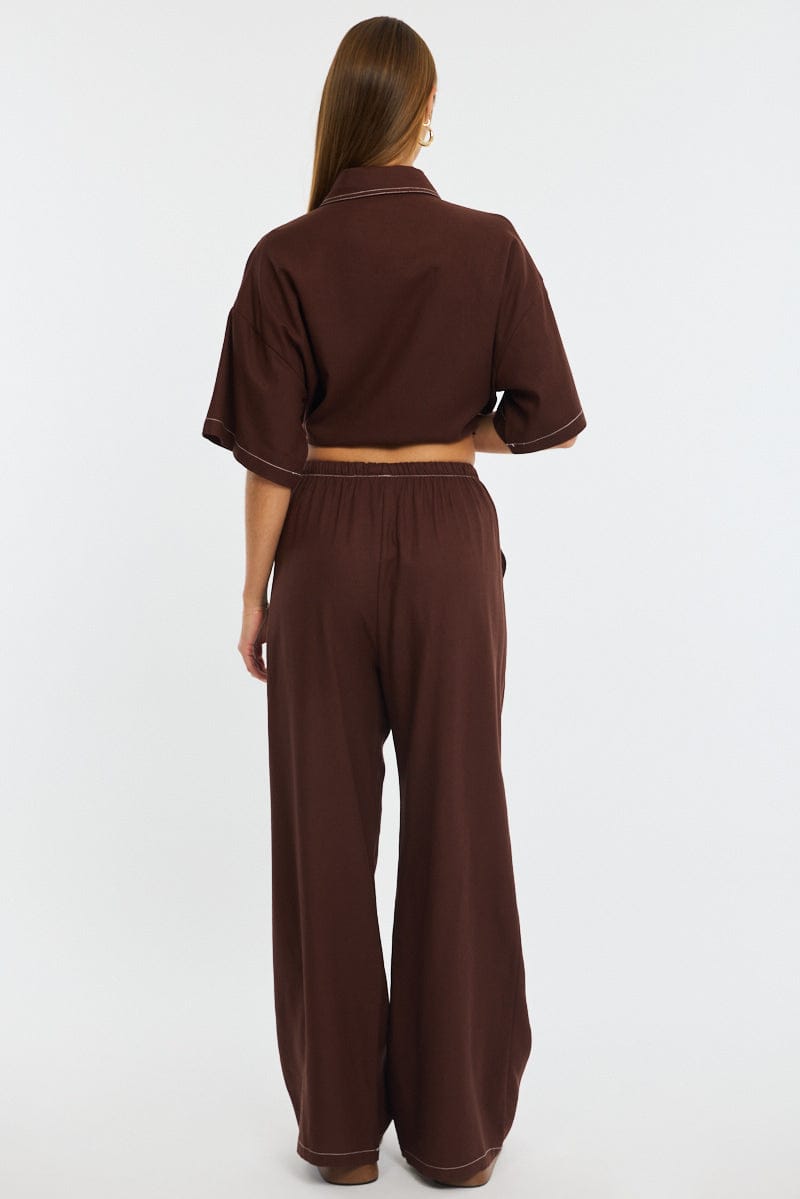 Brown Wide Leg Pants Contrast Stitch for Ally Fashion
