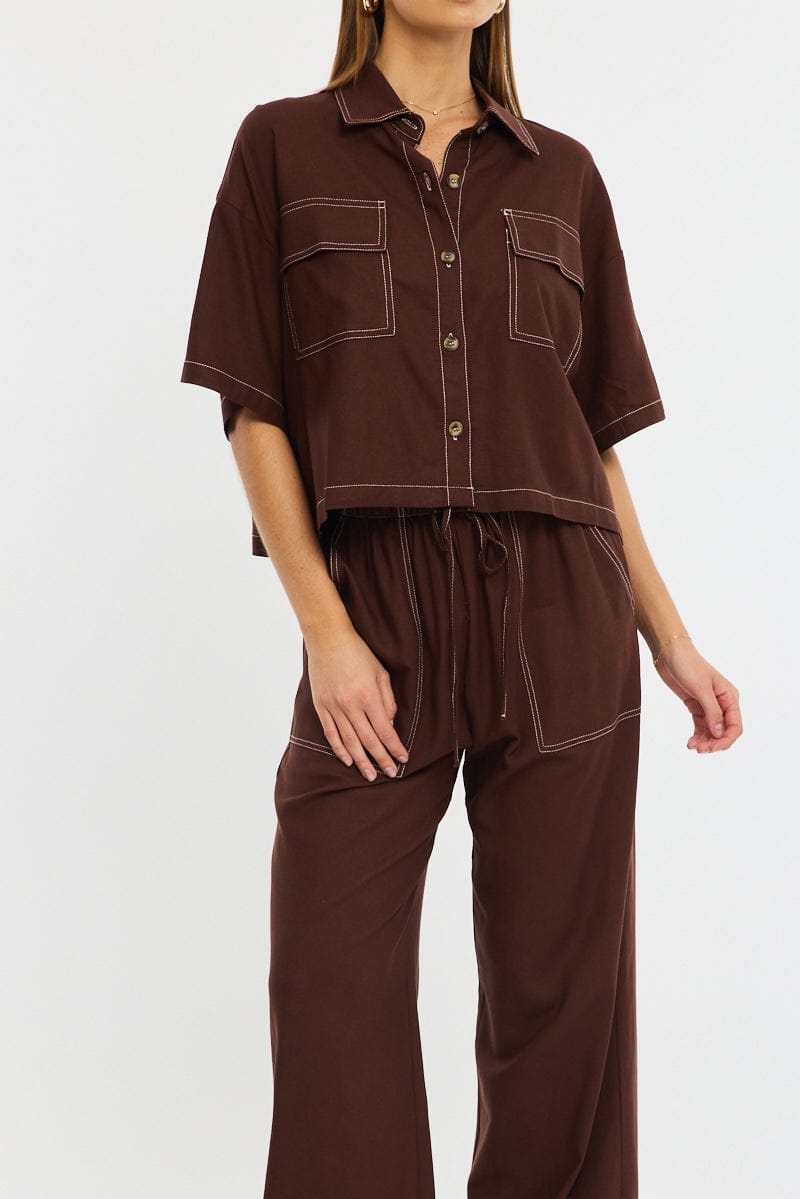 Brown Wide Leg Pants Contrast Stitch for Ally Fashion