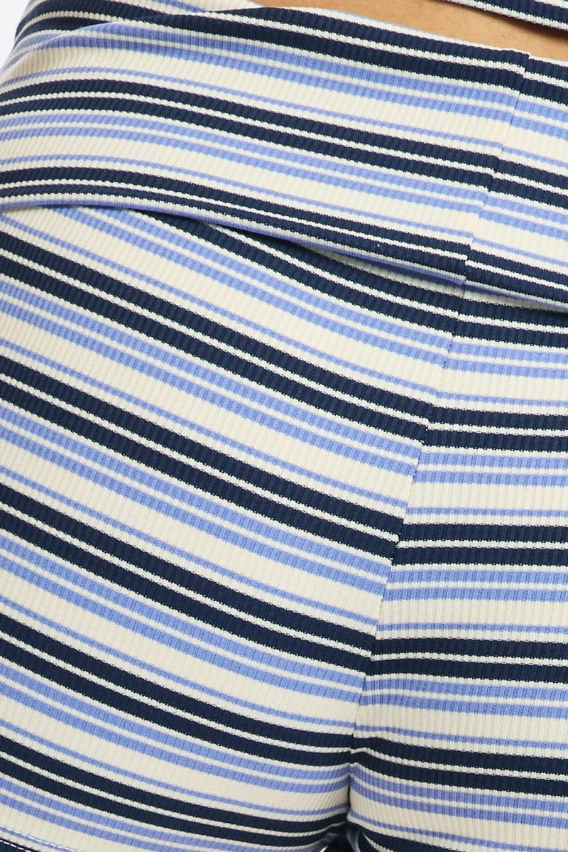 Blue Stripe Shorts Folded Waist for Ally Fashion