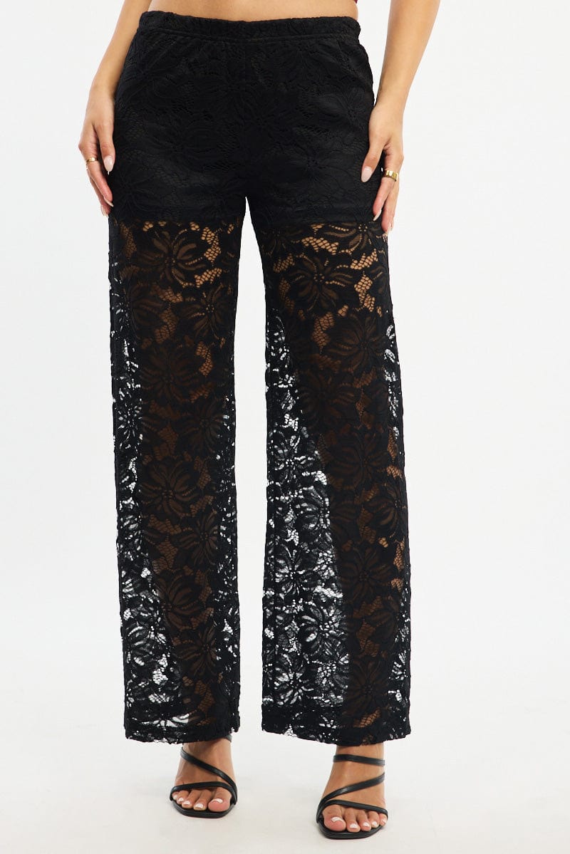 Black Wide Leg Pants Lace for Ally Fashion