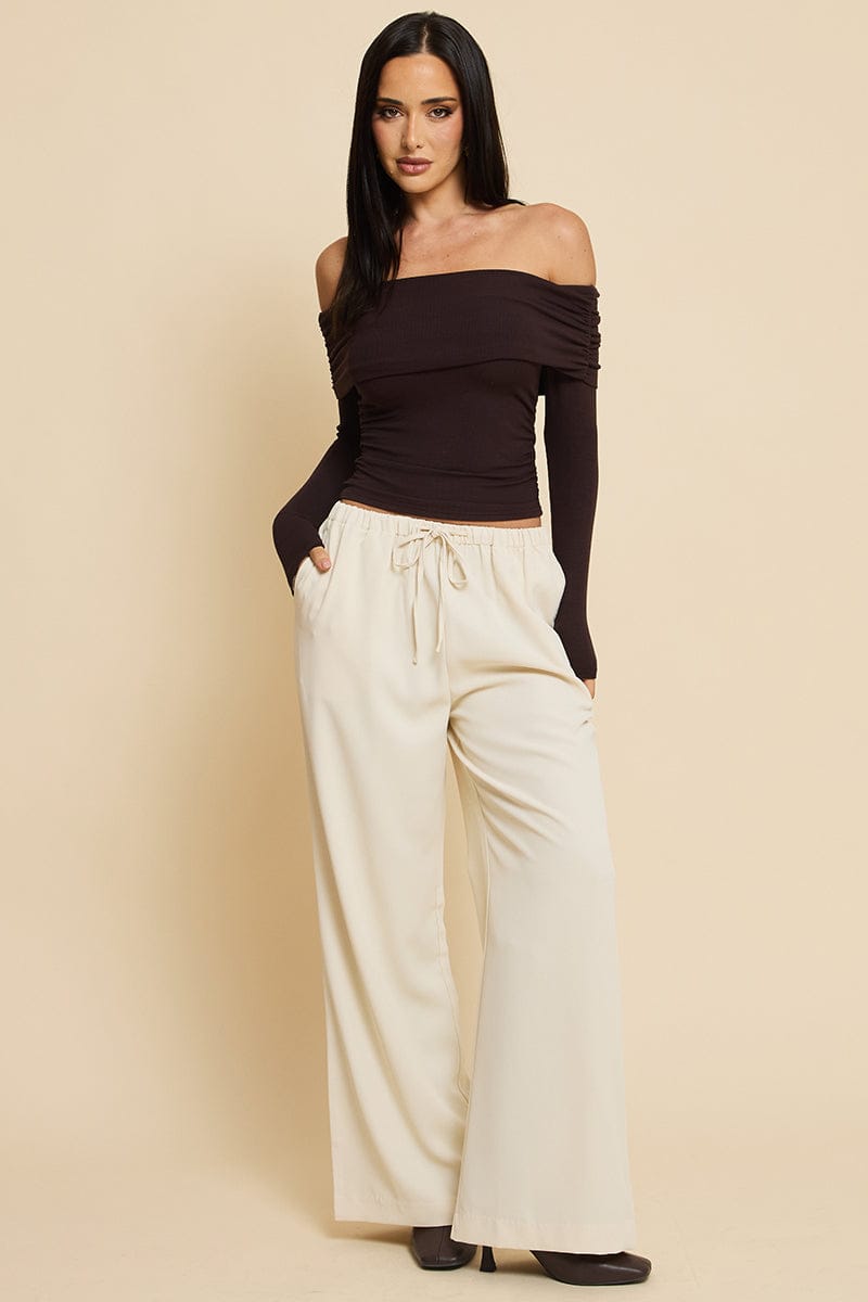 Beige Wide Leg Pants Elasticated Waist for Ally Fashion