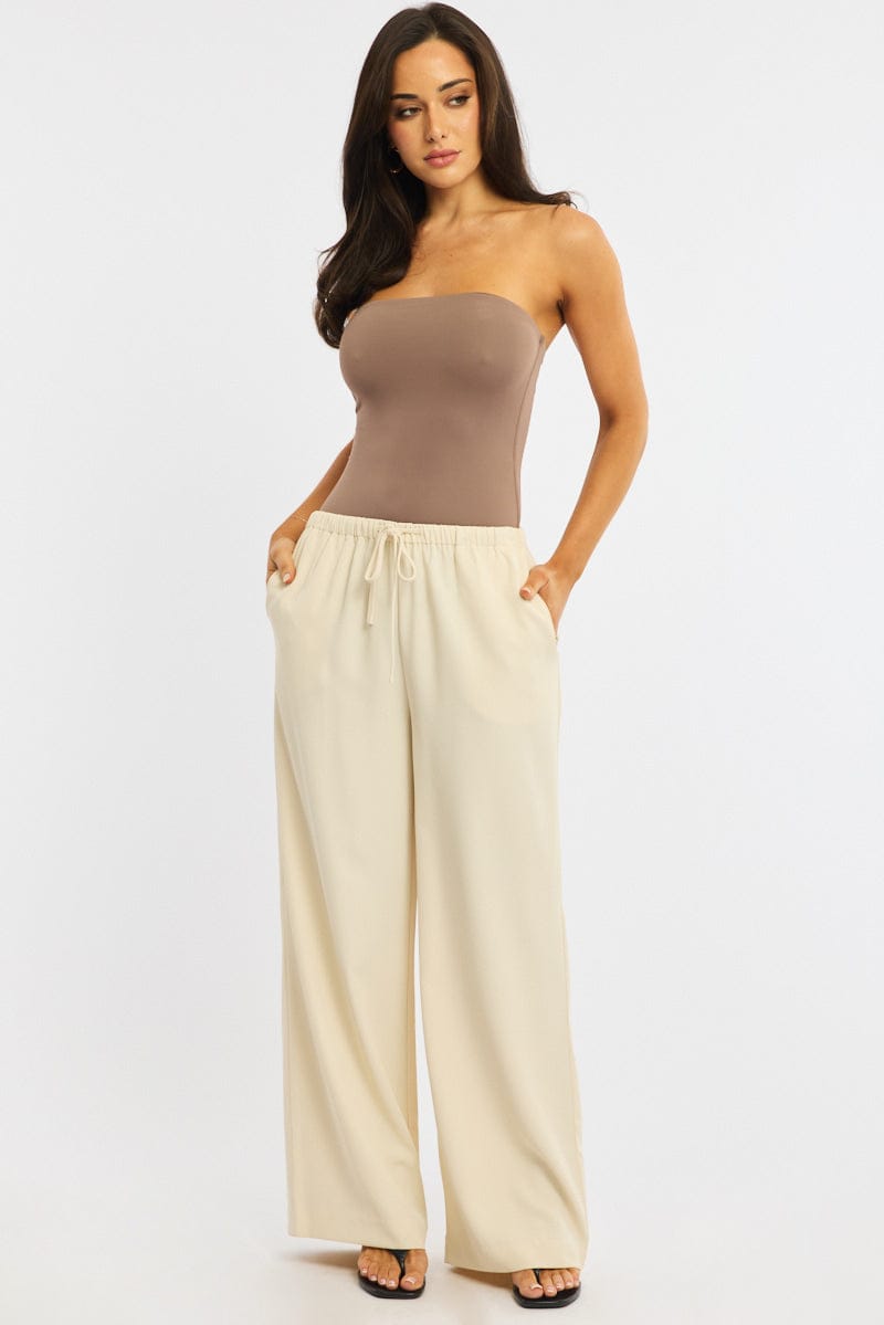 Beige Wide Leg Pants Elasticated Waist for Ally Fashion