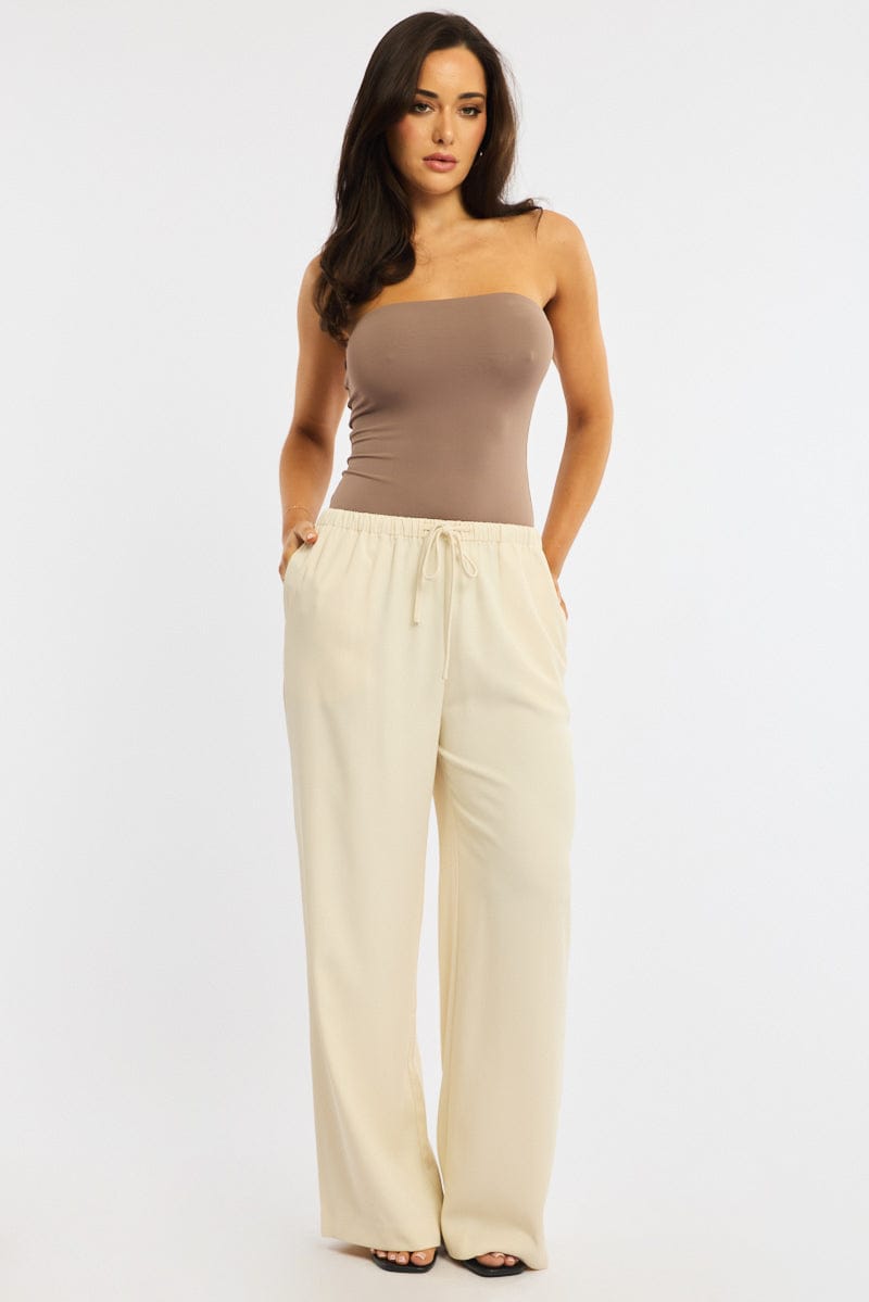 Beige Wide Leg Pants Elasticated Waist for Ally Fashion