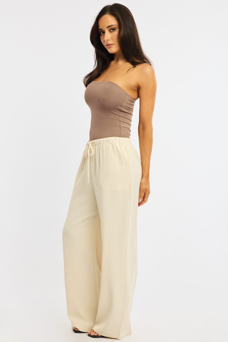 Beige Wide Leg Pants Elasticated Waist for Ally Fashion