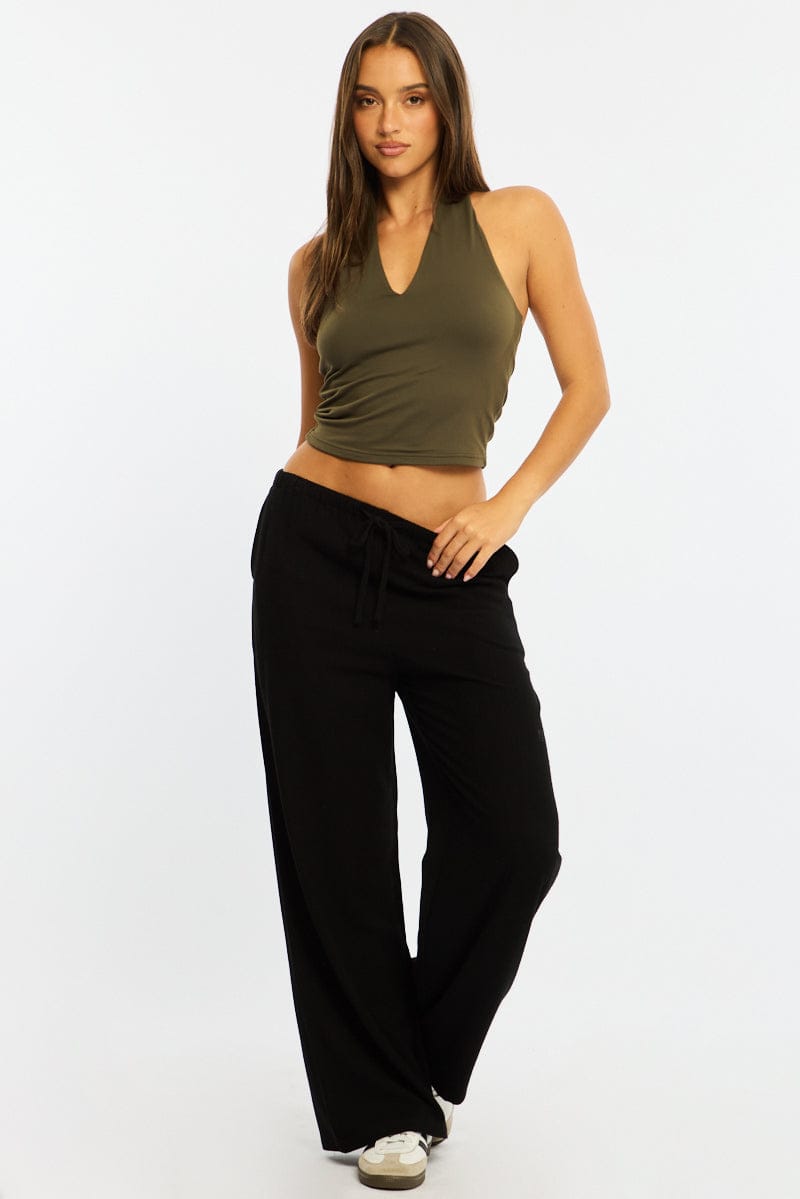 Black Wide Leg Pants Linen Blend for Ally Fashion