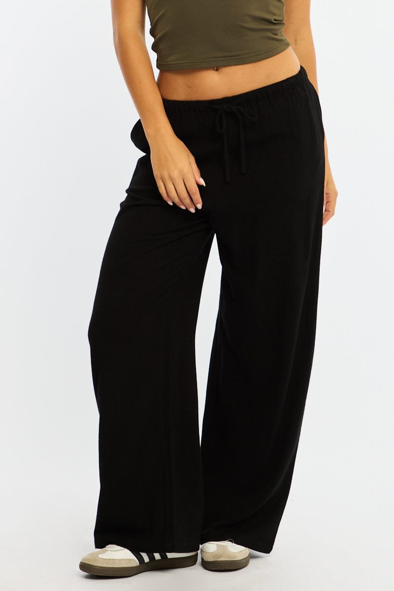 Black Wide Leg Pants Linen Blend for Ally Fashion