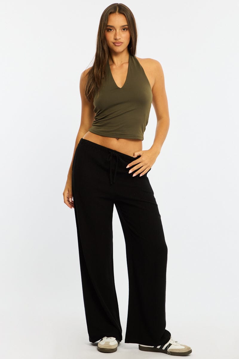 Black Wide Leg Pants Linen Blend for Ally Fashion