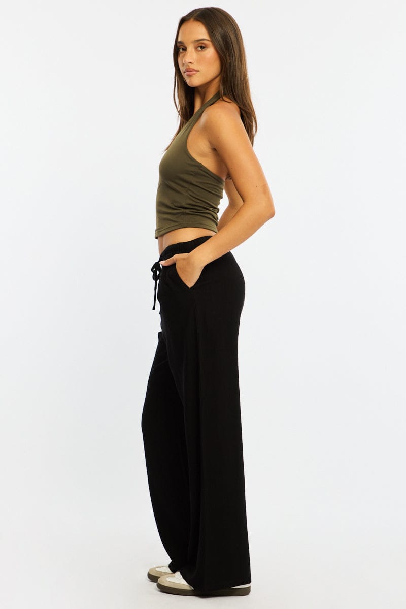 Black Wide Leg Pants Linen Blend for Ally Fashion