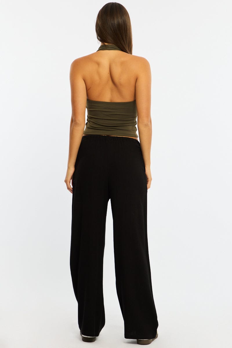 Black Wide Leg Pants Linen Blend for Ally Fashion