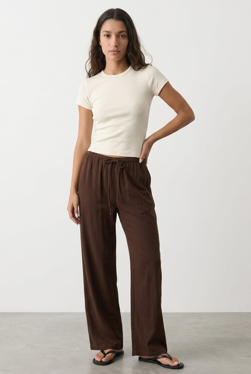 Brown Wide Leg Pants Linen Blend for Ally Fashion