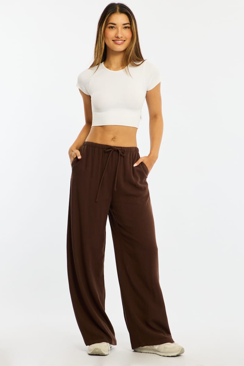 Brown Wide Leg Pants Linen Blend for Ally Fashion