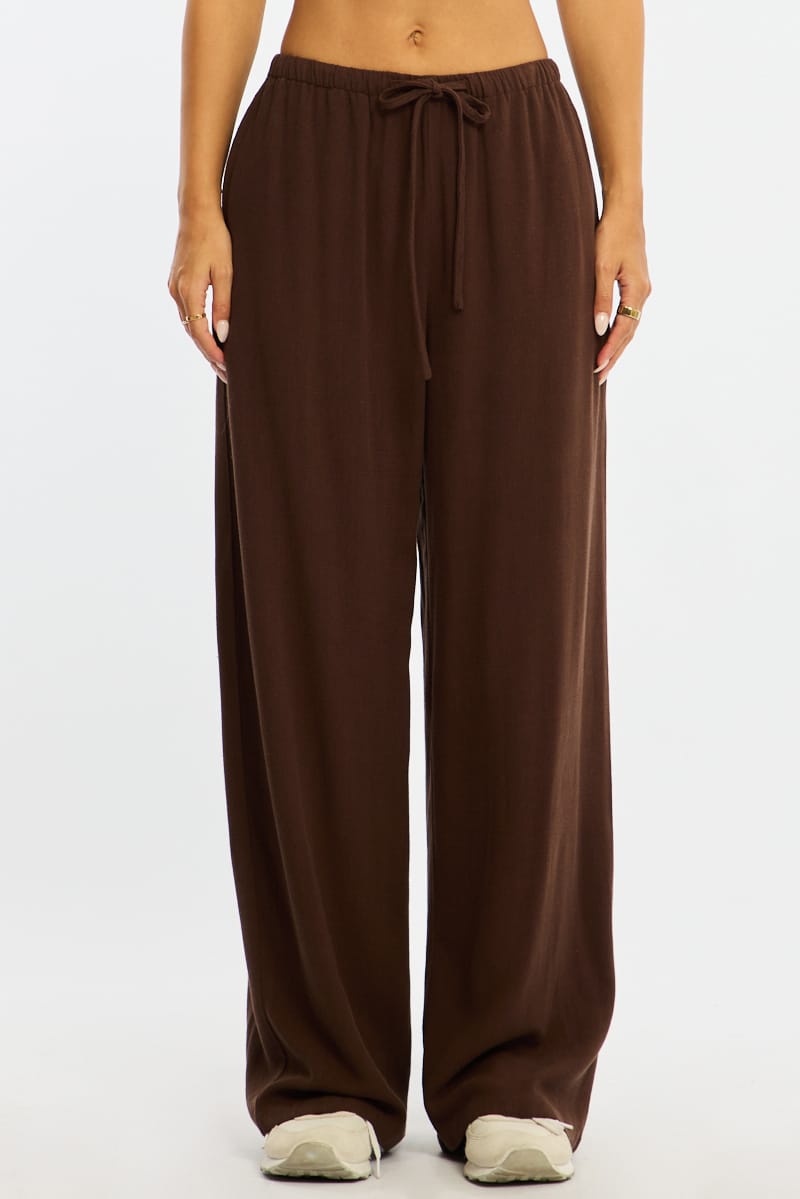 Brown Wide Leg Pants Linen Blend for Ally Fashion