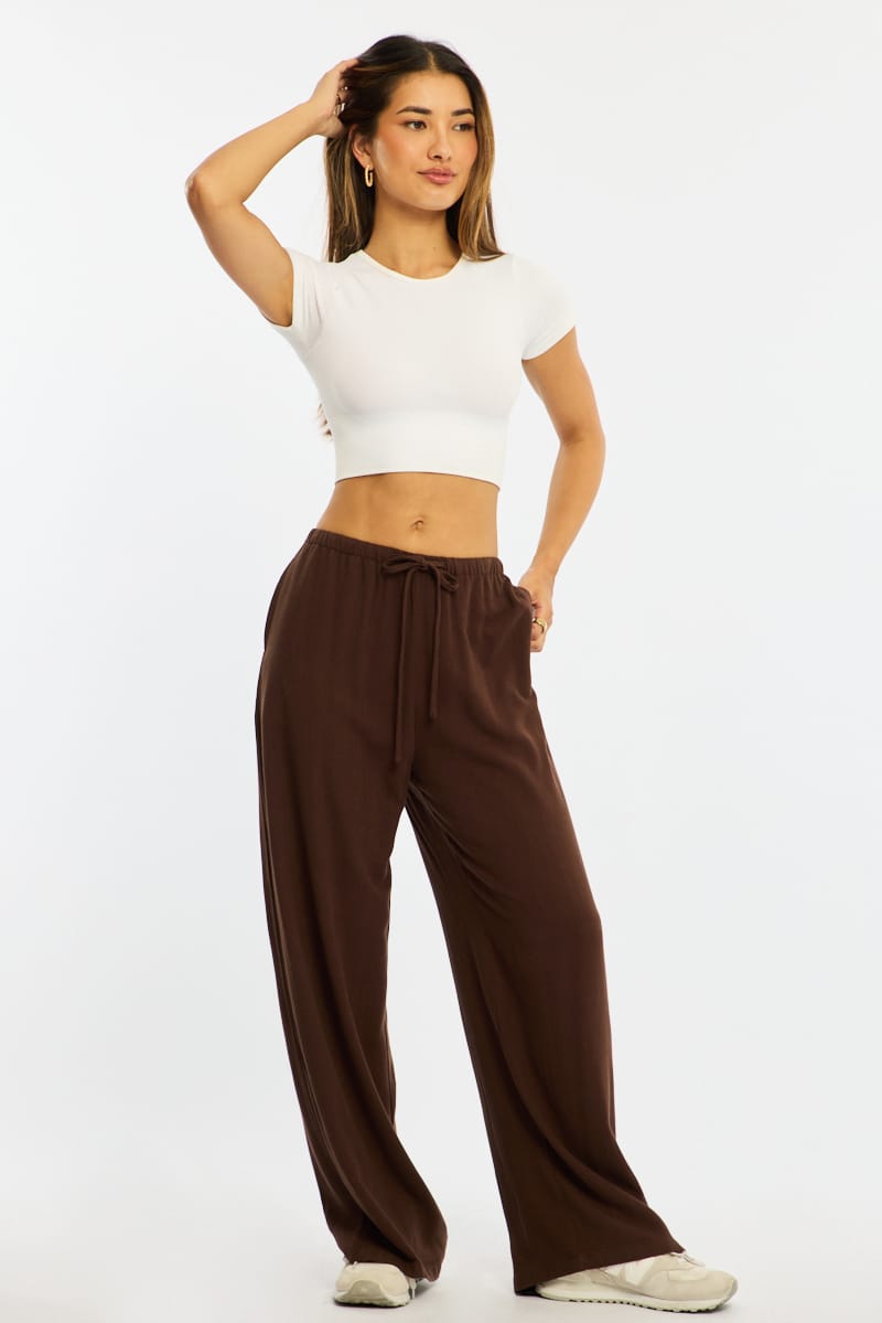Brown Wide Leg Pants Linen Blend for Ally Fashion