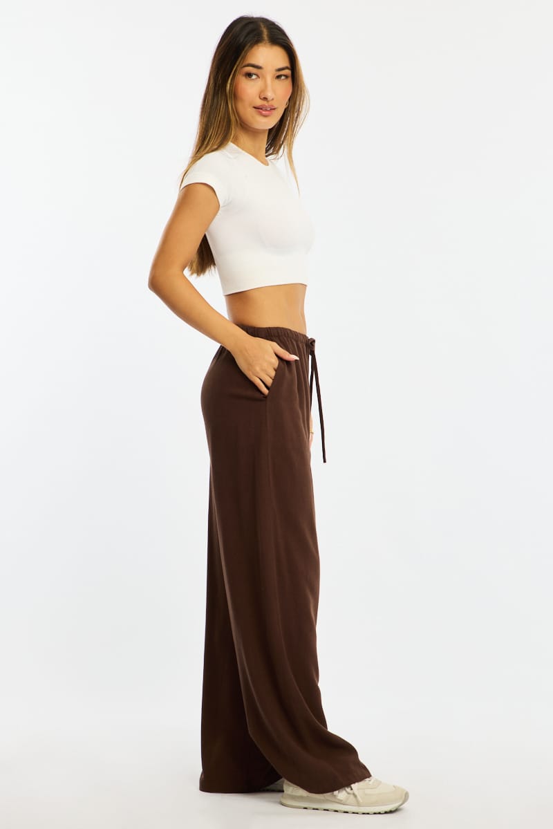 Brown Wide Leg Pants Linen Blend for Ally Fashion