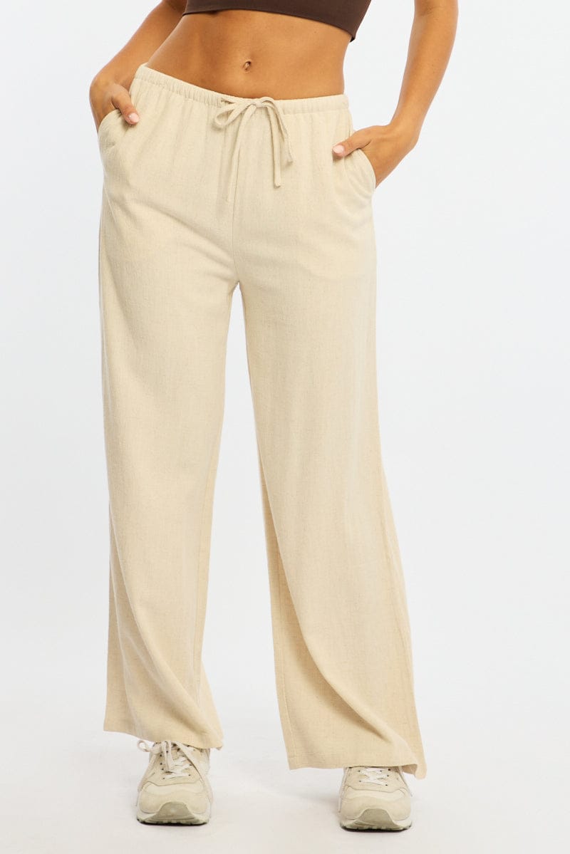 Beige Wide Leg Pants Linen Blend for Ally Fashion