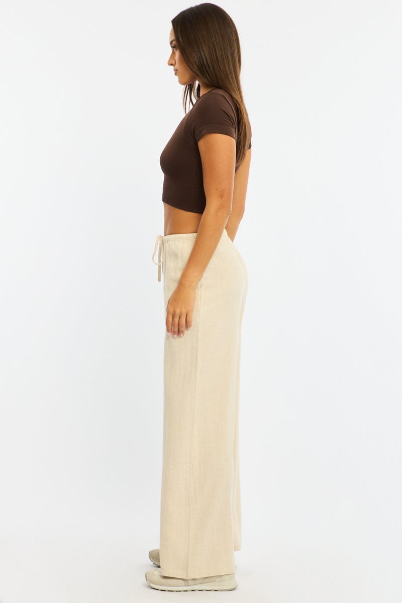Beige Wide Leg Pants Linen Blend for Ally Fashion